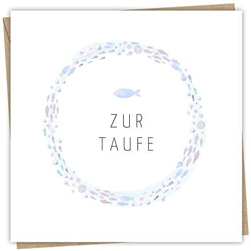 Hochwertig Karte zur Taufe mit Umschlag aus Kraftpapier - Taufkarte für Mädchen und Jungen 15x15 cm - Ideale Glückwunschkarte zur Taufe für das Patenkind als Klappkarte mit Fisch Motiv