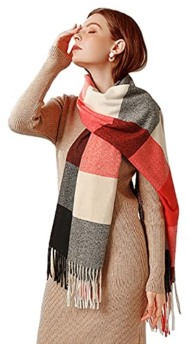 Bakicey Damen Schal XXL Warm Weich Strickschal Karo Winterschal Herbstschal Wolleschal Frauen Deckenschal Halstuch Scarf Poncho Cape (Rötlich Schwarz)