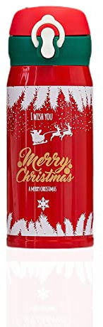 Gobelet étanche, Rouge Gourde Lsotherme Ultra Légère en Acier Inoxydable, Motif de Noël Mug Lsotherme, Pour Boissons Chaudes Et Froides À Emporter