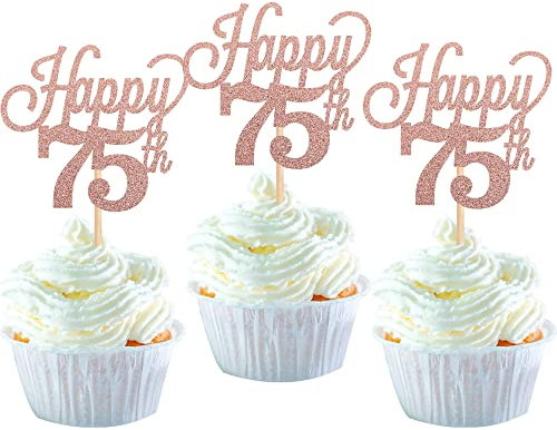 24 Stück 75 Cupcake Toppers GlitterHappy 75th Birthday Kuchen Topper Nummer 75 Achtzehn Sweet 75 Geburtstag Hochzeitstag Party Kuchen Dekorationen Zubehör Rose Gold