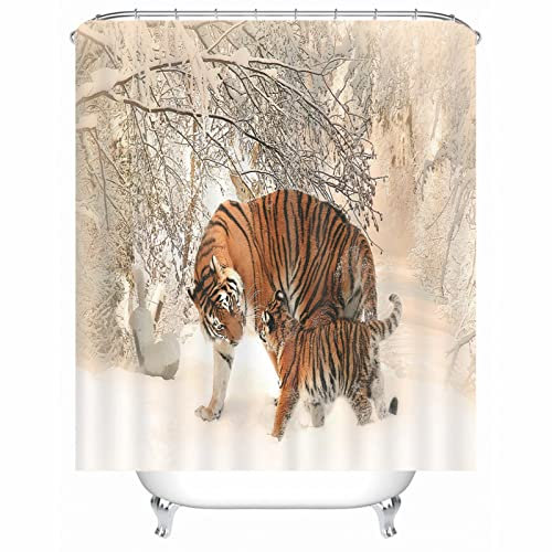 Hoisy Haken Duschvorhang, Duschvorhang Waschbar Totholz-Tiger Bräunliches Gelb Größe 150X180CM Schnell Trocknend Polyestergewebe Badezimmerzubehör