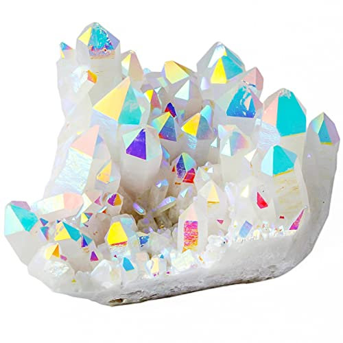 Nupuyai Titanbeschichteter unregelmäßiger Quarzkristall, Cluster-Dekor für Zuhause, Büro, natürlicher Drusen-Bergkristall, Stein, Exemplar, weiß