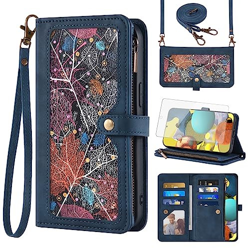 Asuwish Handyhülle für Samsung Galaxy A51 4G Hülle mit Band Folie Schutzfolie Kartenfach Klappbar Leder Geldbörse Ständer A 51 51A M40S Handy Hüllen Schutzhülle Reißverschluss Cover Phone Case Blau