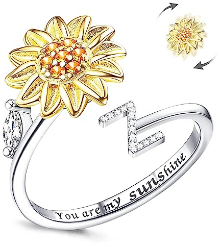 Kucheed Fidget Ring Für Frauen, Sonnenblume, Größenverstellbarer Spinner-Ring, Silber Stapelbar Anti-Stress-Buchstabe Fingerkreis, Graviert 'You Are My Sunshine' Im Inneren Des Schmucks