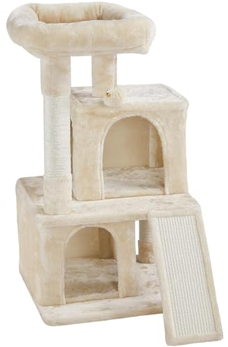 Yaheetech Kratzbaum, Stabiler Katzenbaum 91 cm Katzenkratzbaum, mit 2 Häuschen Sisal und Spielball, Spielbaum für Katzen, Beige