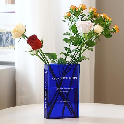 RAVEGO Acryl Vase, Klar Büchervase Tulpenvase,Transparente Blumenvase für Zuhause, Büro, Dekor, Bücherform Blumenvase Minimalistische (Blau)