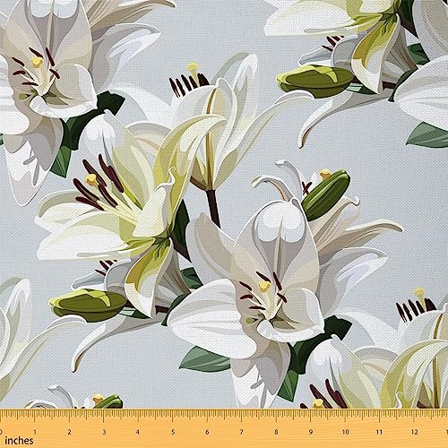 Weiße Lilie Blume Stoff durch den Hof, Romantische Retro Floral Polsterung Stoff, Hand gezeichnet Aquarell Druck wasserdichte Stoff, 92x150