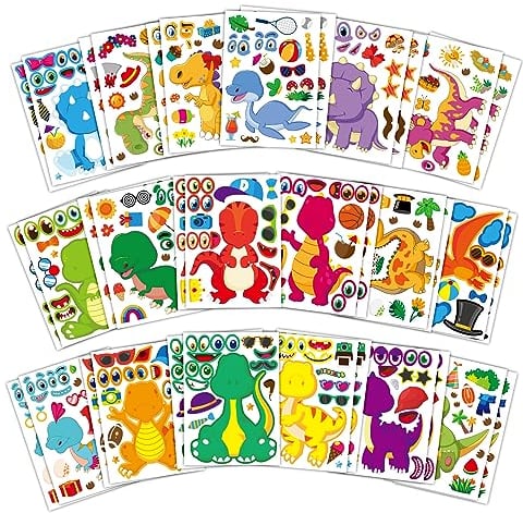 Acevegue 36 Blätter Dino Stickers für Kinder, Machen Sie Ihre eigenen Dinosaurier Aufkleber Make A Face Aufkleber DIY Projekt für Mädchen Jungen, Dino Mitgebsel Spielzeug Geburtstag Party