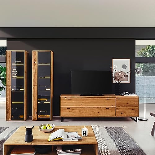 Lomadox Wohnwand Wohnzimmermöbel Set braun 4-teilig Wildeiche Teilmassiv | 2 Vitrinen, 1 TV-Lowboard, 1 Couchtisch mit Beleuchtung