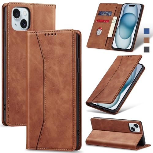 Jasonyu Cover per iPhone 15 Flip Custodia in Pelle PU, Cover a Libro Portafoglio, Funzione Supporto, Magnetica, Slot Schede, TPU Bumper Caso Custodia per iPhone 15 (Marrone)