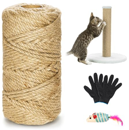 Sisalseil für Kratzbaum, 6MM X 60M Sisal Kratzbaum Ersatz für Katzen Kratzseil Mit einem Paar Schutzhandschuhen und Mäuse, Gelb Sisal Schnur für Kratzseil, Haushalt, DIY Handwerk & Garten Dekoration