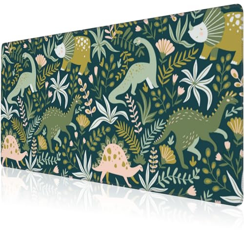 Mouse Pad, Large Dinosaurs with Tropical Plants Desk Mat, Extended Non-Slip Gaming Keyboard Mousepad Desk Pad, Thick Stitched Edges Waterproof Mouse Mat 31.5x15.7 (Cute Dino and Flowers)