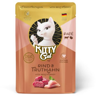 KITTY Cat Paté Rind & Truthahn, 6 x 85 g, Nassfutter für Katzen, getreidefreies Katzenfutter mit Taurin, Lachsöl und Grünlippmuschel, Alleinfuttermittel mit hohem Fleischanteil, Made in Germany