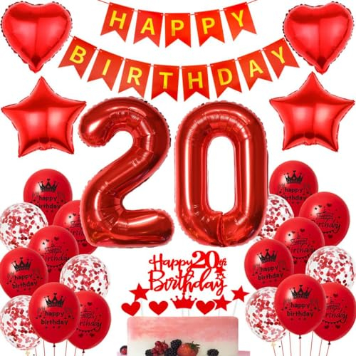 Ohaoduo 20 Geburtstag Deko Frauen rot 20 Geburtstag Dekoration rot Geburtstagsdeko 20 jahre Frau Luftballons Folienballon 20. Geburtstag Party Deko 20 Geburtstag Frauen Mädchen Tortendeko rot