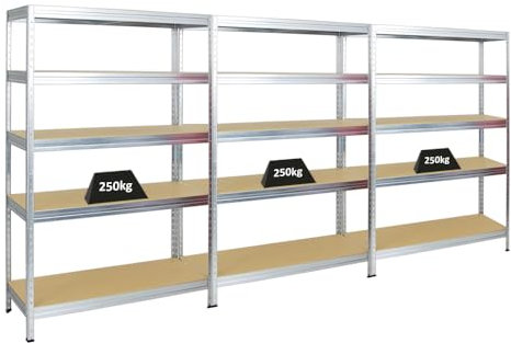 PROREGAL Mega Deal 3er-Set Schwerlastregal Rivet | HxBxT 180x120x45cm | Fachlast 250kg | Verzinkt | Innovatives Stecksystem, Verzinkt, Garagenregal, Lagerregal, Kellerregal