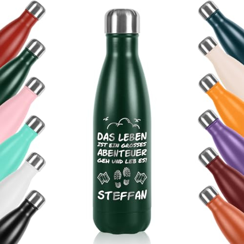 polar-effekt Edelstahl Trinkflasche 0,5 liter in Dunkelgrün mit Gravur - nachhaltig BPA-Frei - für Arbeit, Schule und Gym