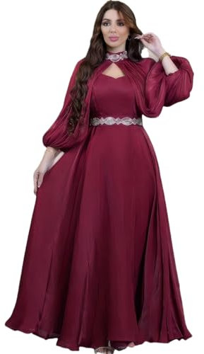 Abayas mit Puffärmeln für Damen, Abendkleid, Partykleid, einfarbig, Gürtel, marokkanischer Kaftan, Burgunderrotes Kleid, L