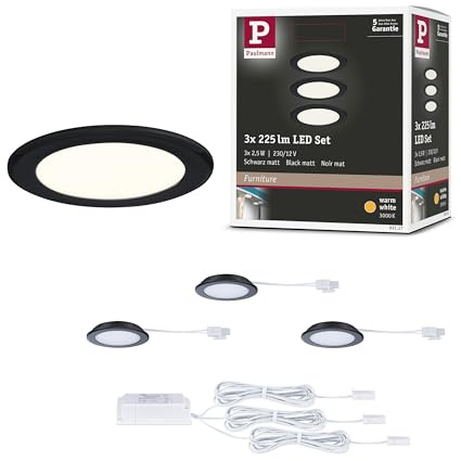 Paulmann 93117 LED Möbeleinbauleuchten 3er-Set 65mm 3x2,5W 3x180lm 230/12V 3000K Schwarz matt