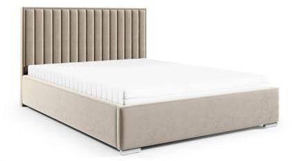 LIKMA PV3 Polsterbett Creme 140x200 cm mit Stauraum Verchromte Füße Doppelbett mit Kopfteil 11 cm Gepolsterter Stoffett mit Gaslift Stoffbett Bettgestell Ohne Matratze Stoff: Riviera 21