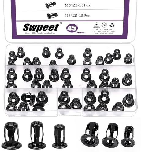 Swpeet Assortiment de 45 écrous creux M4 M5 M6 3 tailles M4 M5 M6 pour chevilles murales creuses - Écrous à pétales, écrous à noyau, vis d'ancrage, aveugles, embouts cruciformes, tige hexagonale pour