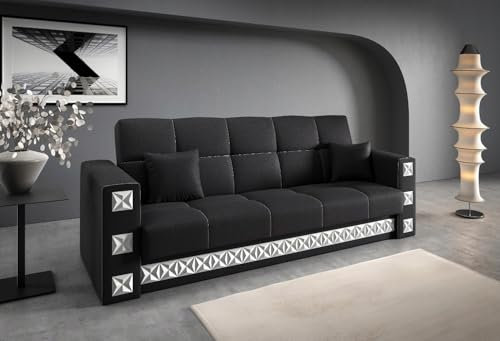 LIKMA Schwarz Ausziehbar 3 Sitzer Sofa Manila 221x91x85 cm Schlaffunktion Bettzeugbehälter Kissen Sofa mit Bettfunktion Gesteppte Schlafsofa Couchgarnitur Stoff: Inari 100