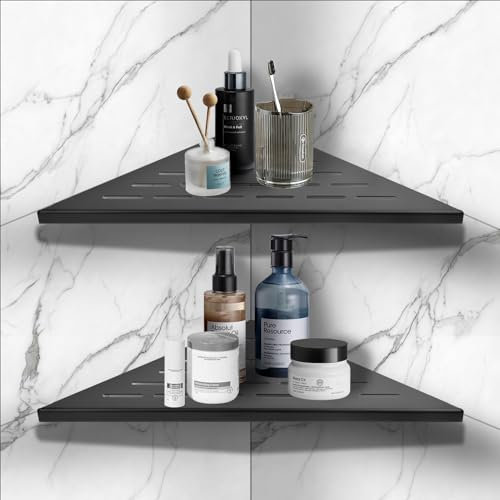 iYueMps Shower Corner Shelf Stainless Steel Corner Shower Caddy Bathroom Shelves Storage Wall Mounted Tiles Recessed for Bathroom, Kitchen,Toilet (Black-2Pcs)