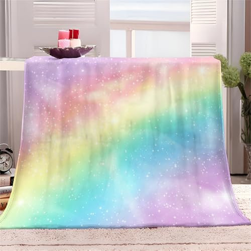 Flauschige Kuscheldecke Couch Decke XL 130x150cm Regenbogen-Sterne-Himmel Fleecedecke Tagesdecke - Leichte Ganzjahresdecke, Rosa Decken für Sofa Bett, Weiche Decke Für Kinder Erwachsene