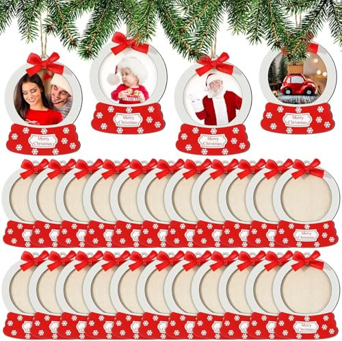 KAHEIGN 24Pcs Personalisierte Weihnachtskugeln mit Fotos, 11cm großer Holz Weihnachtsfotorahmen zum Aufhängen mit Schleife, Schneeflocke, Juteseil für Weihnachtsbaumschmuck, Weihnachtsfeier-Dekoration