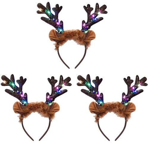 XineYuor LED Rentier Haarreif, 3PCS Geweih haarreif,Weihnachten Haarreif Weihnachten Stirnband Rentier Geweih Stirnbänder Weihnachten Haarschmuck Kopfbedeckung für Erwachsene Kinder