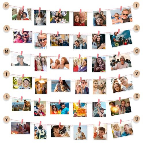 Uping Portafoto da Parete Multiplo Cornici Foto Multiple da Parete Porta Foto con Mollette Appendi Foto Bacheca Foto Fai da te(Clip di Legno Rosa Chiaro