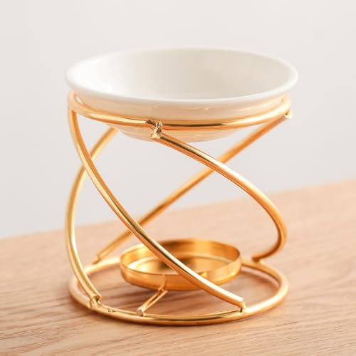 Warmself Aromalampe Metall Teelichthalter aus Keramik Duftlampe aus Keramik Wachsschmelzbrenner Goldene Spirale