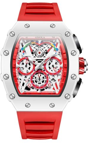 rorios Tonneau Armbanduhren für Herren Analog Quarz Uhr Silikon Sport Uhr Männer Mode Uhren Leuchtend Datum Kalender Uhren Rot