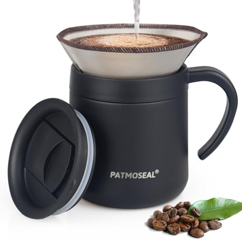 patmoseal Insulated Coffee Maker Mug with Paperless Filter, 2-in-1 Hand Drip with Reusable Coffee Dripper, Thermal Cup with Splash-Proof Lid & Handle for Office Home Travel Camp 350ml/12oz (Black)