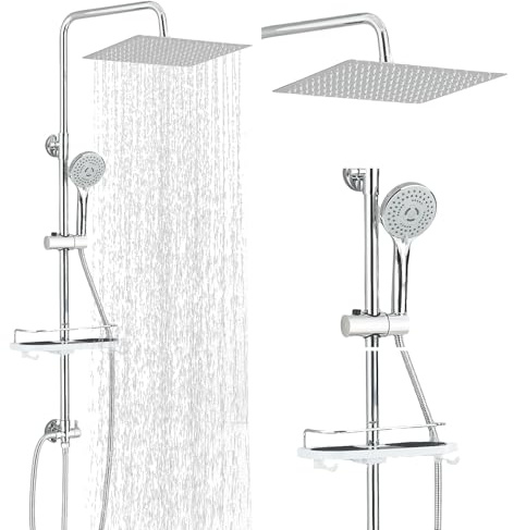 Hevenaov Edelstahl Regendusche Set Chrom Duschsystem Wassersparend mit Regenduschset Edelstahl Quadrat Kopfbrause 30x30cm,Handbrause mit 3 Strahlarten,Duscharmatur Ablage Chrom