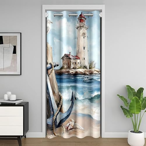 Homewish Leuchtturm Türvorhang SAE Ocean Wellen Tür Vorhänge 106x203cm | Ölmalerei Möwen Sichtschutzvorhang Kinder Jugendliche Anker Verdunkelungs Vorhang