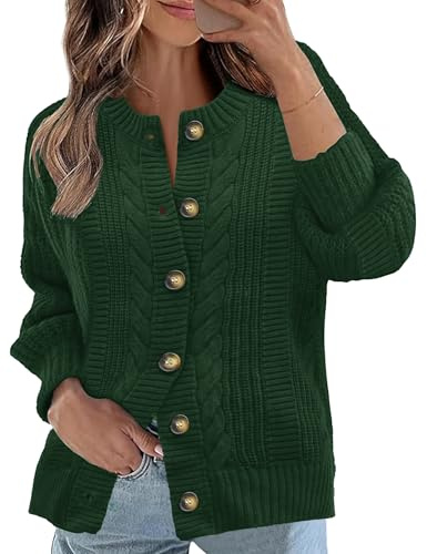 Rapbin Ladies Cardigan Short Open Front Jumpers with Buttons Loose Long Sleeve Knitwear Oversized Sweater（Dark Green,L）