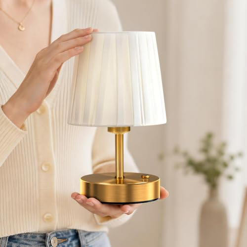 EppieBasic Rechargeable Cordless Table Lamp, Pleated Shade, 2700K Dimmable | 4000mAh Long-Lasting Battery, 1.5h Fast Charging, Portable, Bulb Replacement, Wireless, Vintage