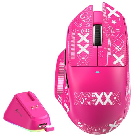 MAMBASNAKE x Attack Shark V6 Ratón Gaming Inalámbrico con Base de Carga Magnética, 65g Ultraligero, Sensor PAW3311, 25000 dpi, BT/2.4G/USB-C, 100M Clics,500mAh para Diestros–Rojo Bayas+Grip Tape