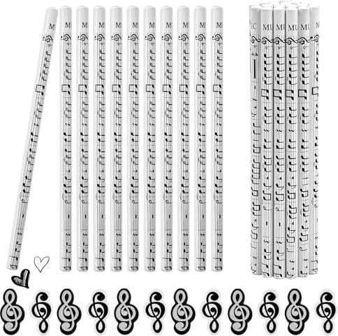 36 Stück Musiknoten Stifte, 24 Bleistifte für Musiknoten + 12 Radiergummis | Stifte mit Musiknoten Bleistift Musik Musikmotiven Bleistifte Holzstifte, für Studenten Klassenzimmer Partygeschenke