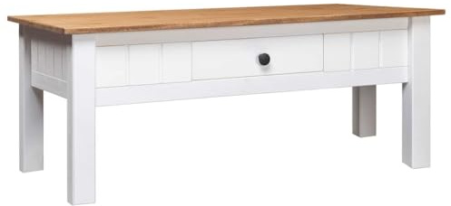 Tonture Couchtisch Weiß 100x60x45 cm, Massivholz Panama-Kiefer, mit Schublade, robuster Holztisch für Wohnzimmer, Moderne Einrichtung, langlebige Möbel