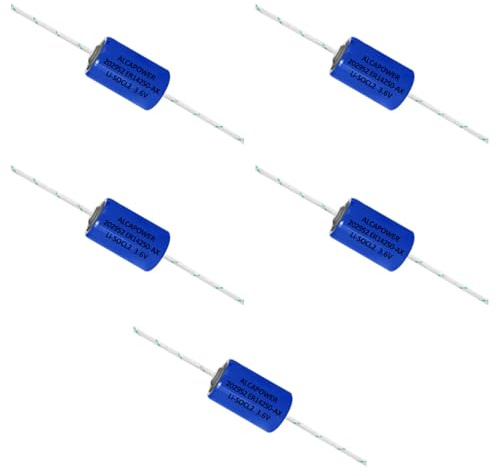 5x Pila Li-SOCL2 1/2AA ER14250 3,6V 1200mAh 1,2Ah, alta capacità, con reofori, lamelle, dimensioni 14 × 25 mm, per sensori, allarmi, dispositivi smart, lunga durata, batteria, litio cloruro di tionile