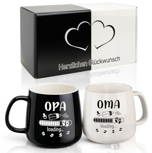 TUZELIYA Oma & Opa Kaffeetassen Set – Geschenk für werdende Großeltern, 350 ml Schwarz-Weiße Tassen für Schwangerschaft verkünden, Baby Shower, Geburtstag