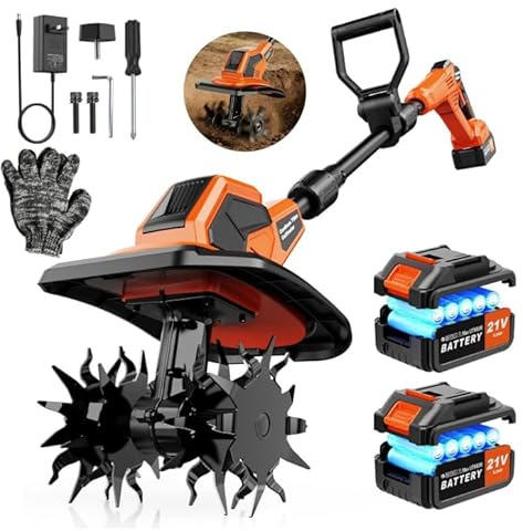 Motobineuse Electrique 21V, 600W Motoculteur électrique sans Balais avec 2 x 3,0 Ah Batteries, 400 TR/Min, Largeur Travail 23 cm, Profondeur 17 cm, Poignée Réglable, pour Pelouse Jardin Travaux du Sol
