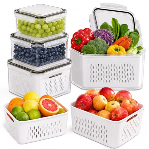 3Pcs Fruit Storage Containers for Fridge with Removable Colanders 4 In 1 Airtight Food Storage Container BPA-Free Leakproof Fridge Organizer Bins with Vent handle Lids for Salad Fruit Vegetables Meat