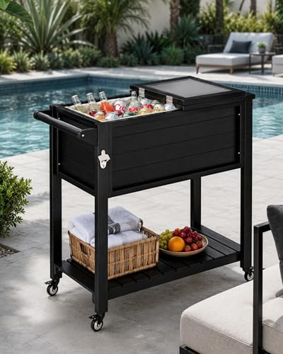 Carrito frigorífico portátil de 94 litros para Exteriores, con Acabado imitación Madera Hips, Ideal para Fiestas en la Piscina o barbacoas. Incluye abridor de Botellas y Estante Inferior.