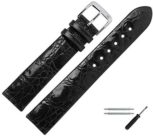 MARBURGER Uhrenarmband 20mm Leder Schwarz Silber Kroko Prägung - Montage Set 8342010000120