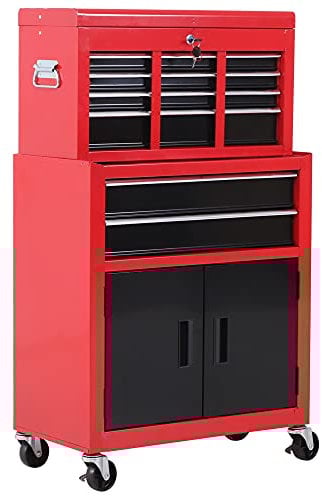 HOMCOM Servante d'atelier servante/Caisse à Outil 6 tiroir +1 Commode Coffre Amovible Chariot Acier Rouge et Noir