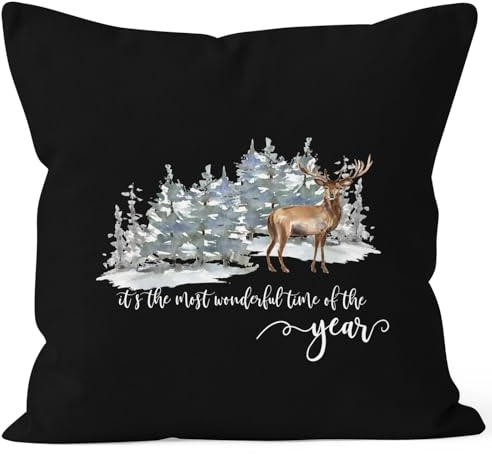 Autiga Kissenbezug Weihnachten It`s the Most Wonderful time of the Year Hirsch Weihnachtsmotiv Schwarz 40cm x 40cm