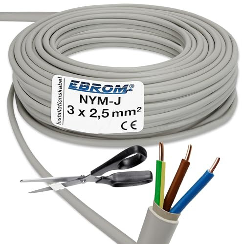 Ebrom Câble électrique sous gaine NYM-J 3 x 2,5 mm² Gris Vendu au mètre (par ex. 5 m, 10 m, 15 m, 18 m, 20 m, 25 m, 50 m, etc.)