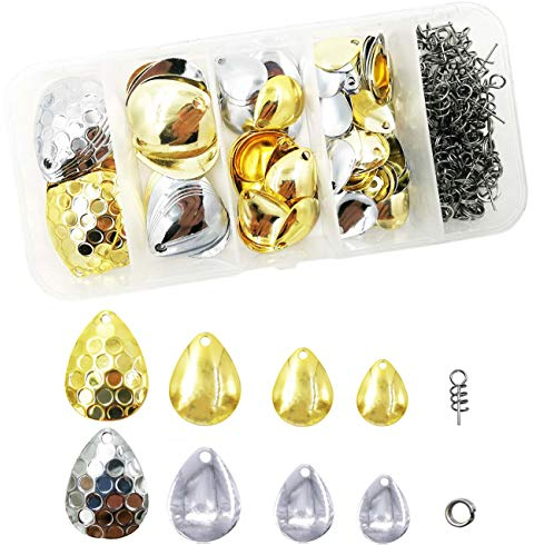 100 Stück 4 Größen Angellöffel, Rigs Spinner Klingen, Set für Köder, Barsch, Zander, Hecht, Spinner-Rigs zum Selbermachen, inklusive 50 Federstifte und 50 Angelspalten